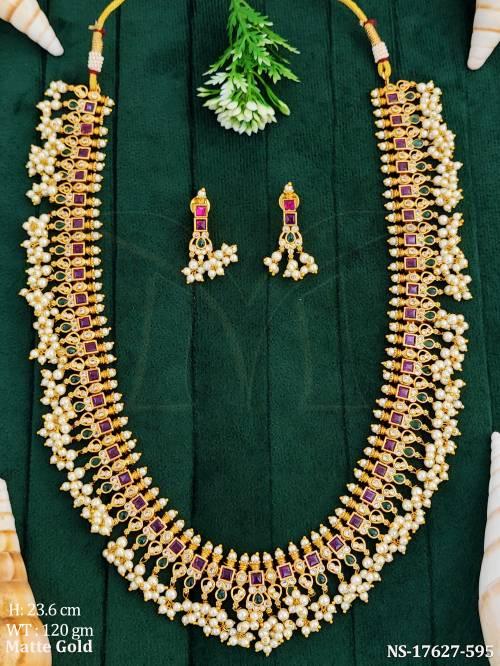 Kemp South Indian Style Necklace Set with Pearls and Red Stones